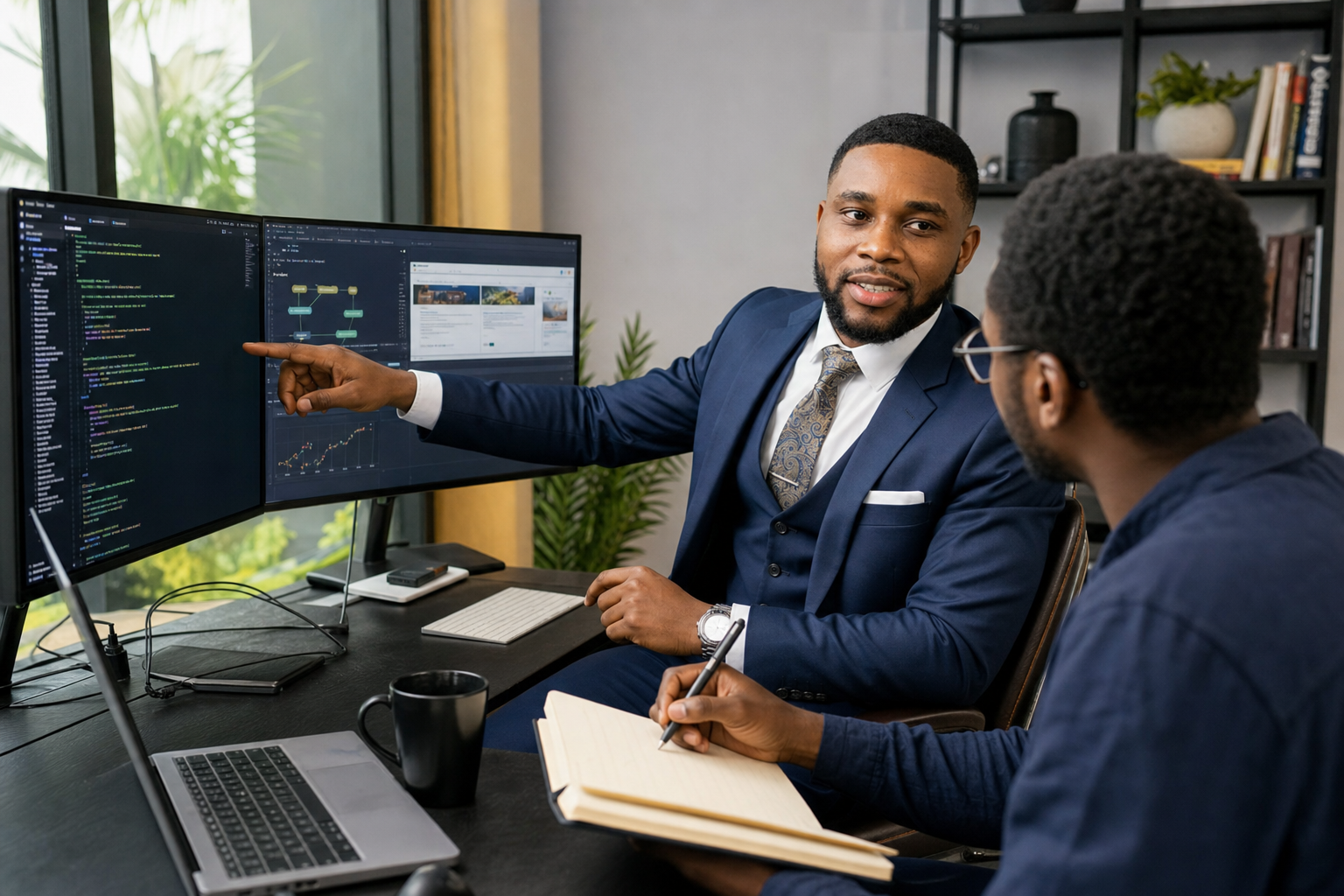 Bernard collaborating with a developer at a coding workstation