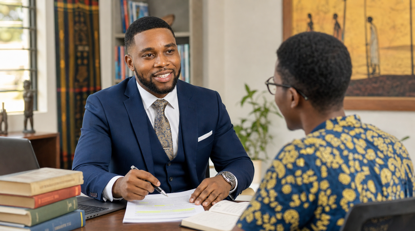 Bernard discussing an academic research proposal with a student